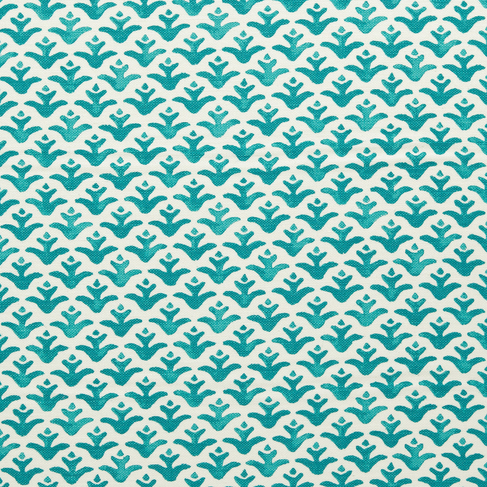 Fabric with Mineral Blue colored flower motif hand-painted with watercolours