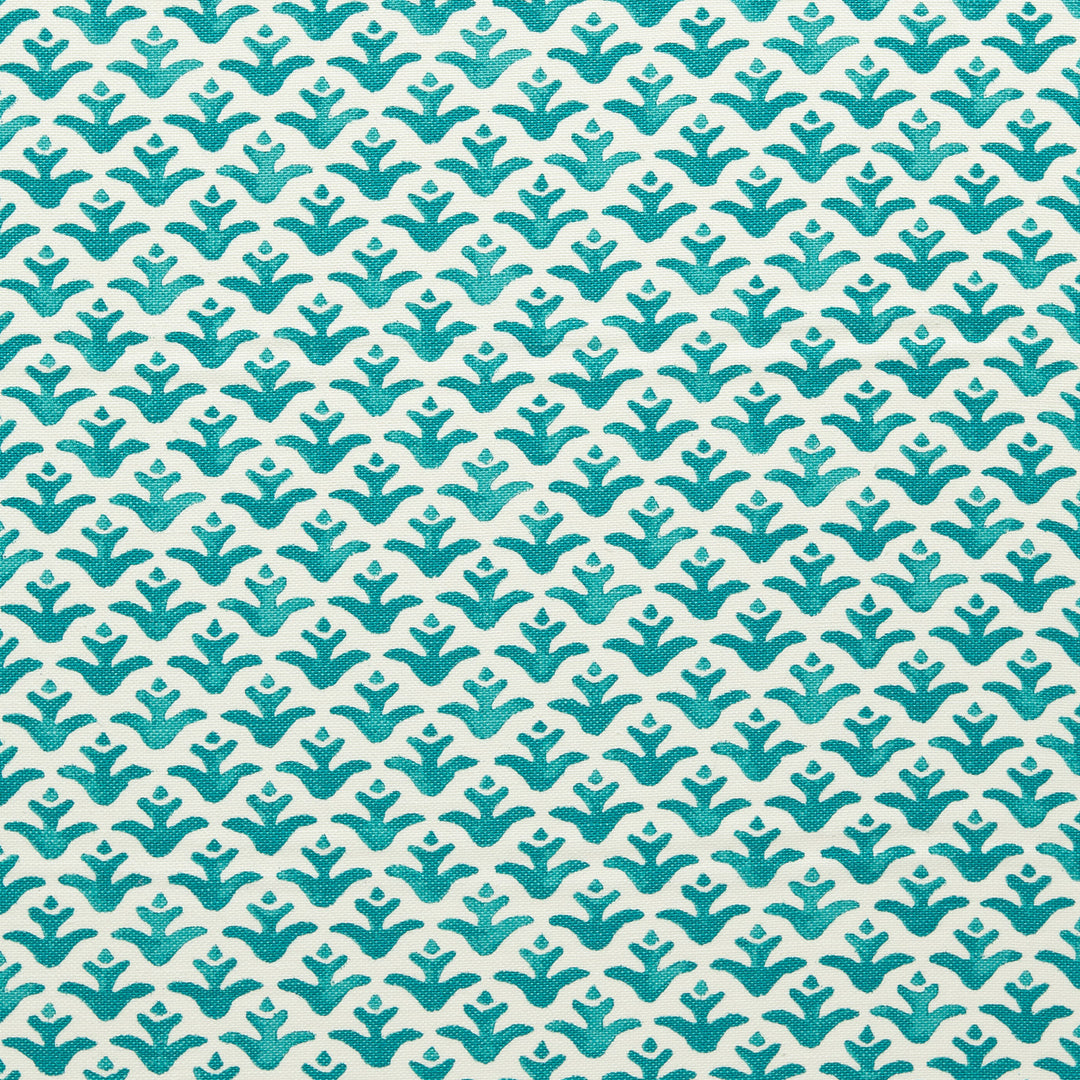 Fabric with Mineral Blue colored flower motif hand-painted with watercolours
