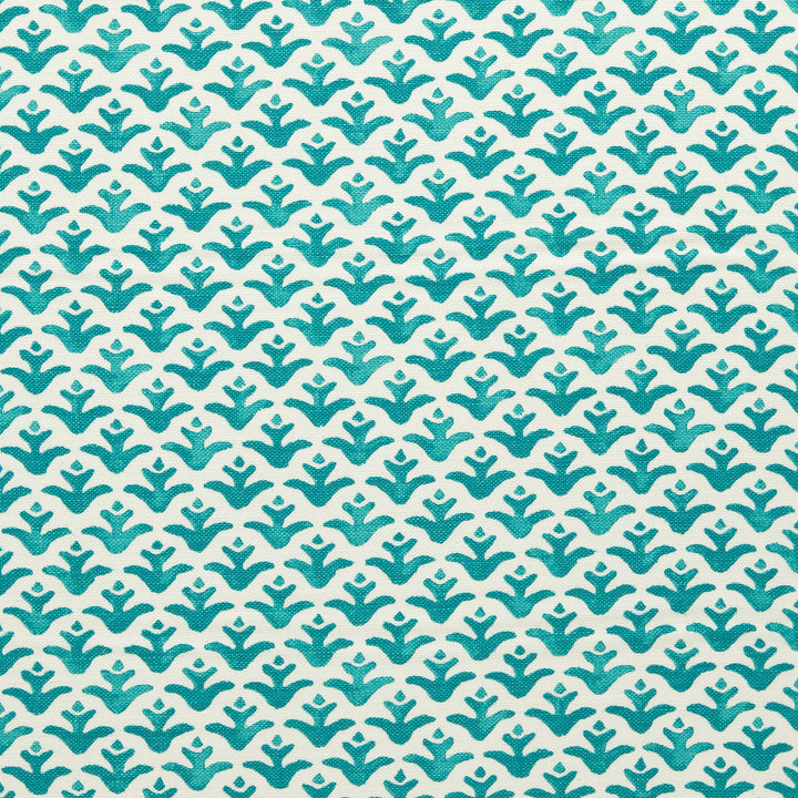 Fabric with Mineral Blue colored flower motif hand-painted with watercolours
